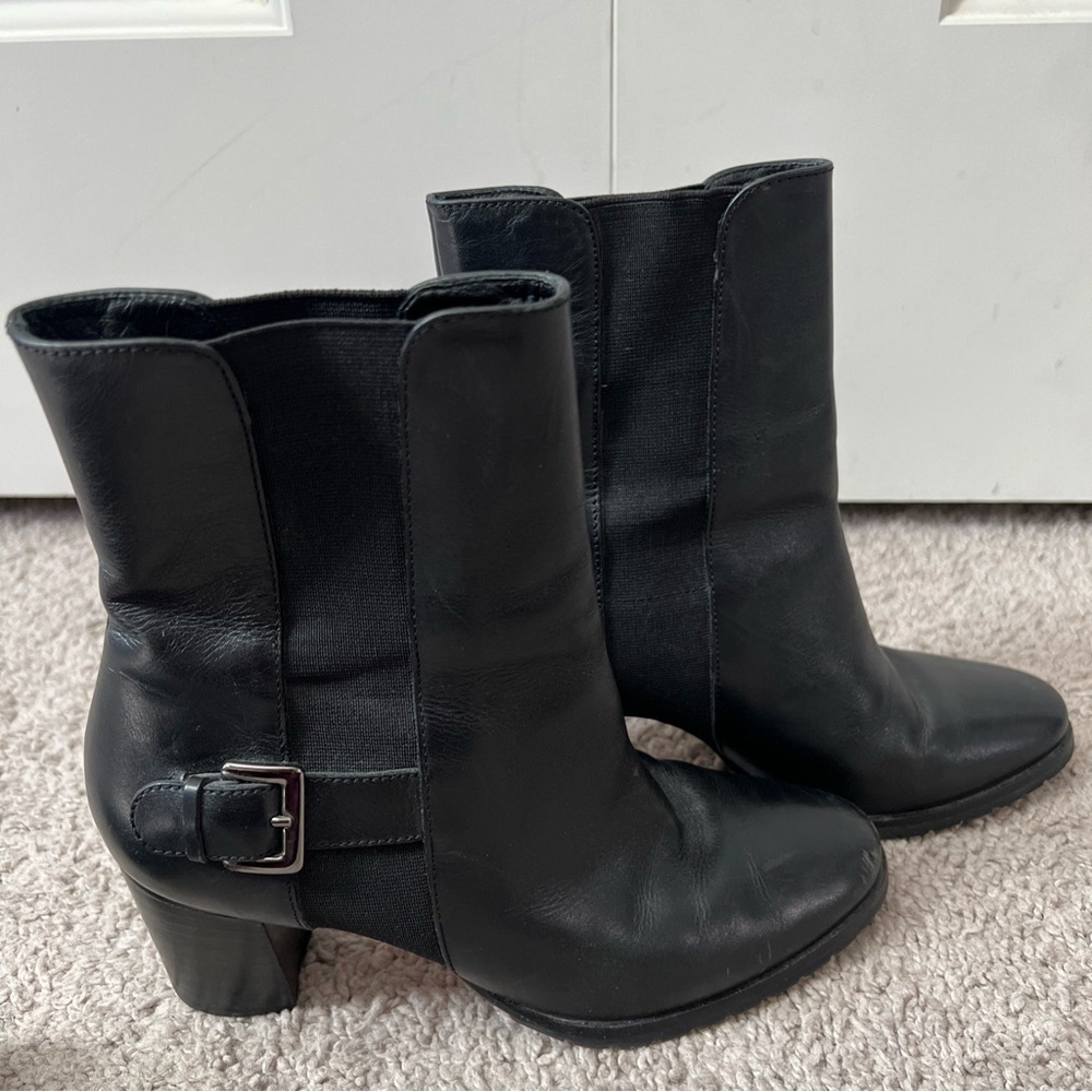 Cole Haan Black Block Heel Boots Elastic Panels Leather Buckle